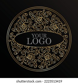 Round calligraphic royal gold emblem set. Vector floral symbol for cafes, restaurants, shops, print, stamp. Logo design template label for coffee, tea, and business card. Isolated gothic tattoo ornate