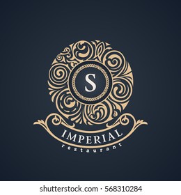 Round calligraphic royal gold emblem. Vector floral baroque monogram. Symbol cafe, restaurant, shop, print, stamp. Vintage luxury letter, S. Logo design template, label for coffee, tea, business card