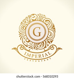 Round calligraphic royal gold emblem. Vector floral baroque monogram. Symbol cafe, restaurant, shop, print, stamp. Vintage luxury letter, G. Logo design template, label for coffee, tea, business card