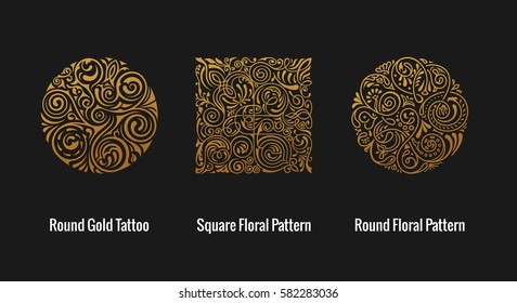 Round calligraphic royal gold emblem set. Vector floral symbol for cafe, restaurant, shop, print, stamp. Logo design template label for coffee, tea, business card. Isolated gothic tattoo ornament
