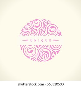 Round calligraphic royal pink emblem. Vector floral symbol for cafe, restaurant, shop, print, stamp. Logo design template label for coffee, tea, business card. Isolated ornament