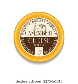 A round Camembert cheese label in vintage style, this design is editable and can be used as well as a label for a milk package or as a logo for a butcher shop