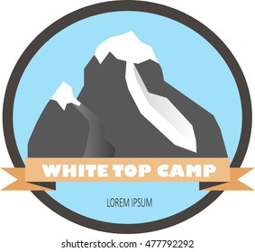 Round camp logo White top camp, grey mountains with white picks on blue background, vector illustration