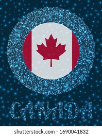 Round Canada badge. Flag of Canada in glowing network mesh style. Country network logo. Neat vector illustration.