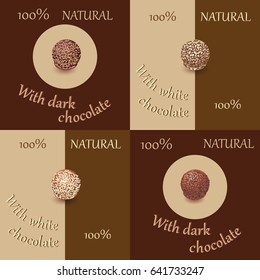 Round candies in chocolate with sprinkling. Set. Emblem. Design for menus, napkins, tablecloths, packaging materials, printing on fabric or paper.