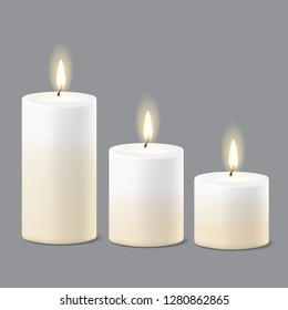 Round candle flame fire light set realistic vector illustration