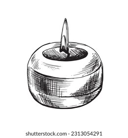 A round candle with a flame . Hand-drawn graphics illustration. Eps vector, isolated object on a white background