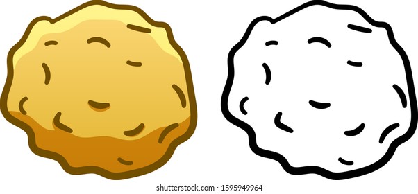 Round candy in golden foil wrapper in colored and line versions. White background, vector.
