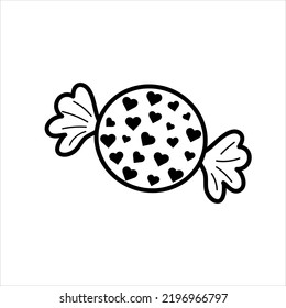 Caramelos redondos con corazones en papel envolvente. La dulzura como regalo. Estilo de doodle lineal. Ilustración vectorial.
