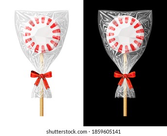 Round candy on stick in plastic wrapper with bow. Festive wrapped lollipop isolated on white and black background