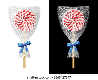 Round candy on stick in plastic wrapper with bow. Festive wrapped lollipop isolated on white and black background