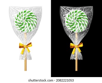 Round candy on stick in plastic wrapper with bow. Festive wrapped green lollipop isolated on white and black background