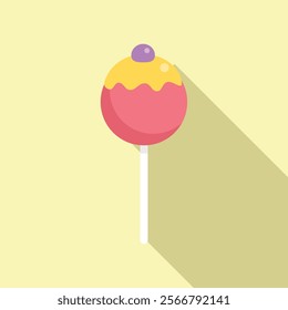 Round candy on stick with yellow icing and berry isolated on background with long shadow