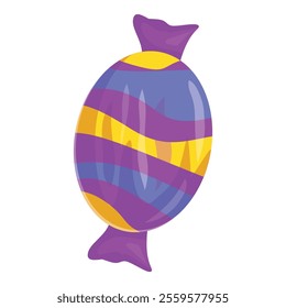 Round candy with purple wrapping showing yellow stripes, isolated on a white background