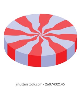 Round candy is showing swirl pattern with red stripes on it, top view