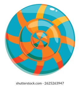 Round candy showing a swirling pattern design in blue and orange