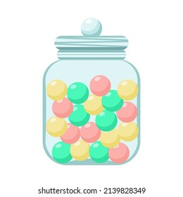 Round candy sweets in pot, colorful vector illustration