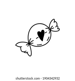 Round candy in a wrapper with a heart. Sweetness as a gift. Valentine's day concept. Linear doodle style. Vector on isolated white background. For printing on cards, invitations, tattoo, clothing 