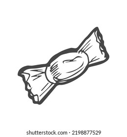 Round candy in a wrapper. Sweetness as a gift. Valentine's day concept. Linear doodle style. Vector on isolated white background. For printing on cards, invitations, tattoo, clothing