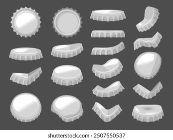 Rundkappen. Bierflasche Metallkappen verschiedene Seitenansichten aktuelle Vektorgrafik-Rundmetallabzeichen