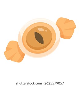 Round caramel candy with orange wrapping paper is lying on a white background