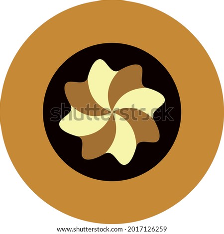 Round caramel Chocolate candy with dark brown circular centre, coffee and cream piped star decoration. Layered confectionary SVG