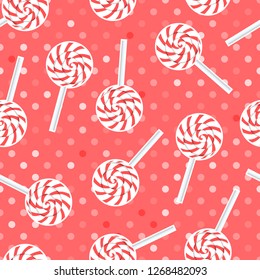 Round caramel on a stick seamless pattern. Vector illustration isolated on red background design Candy shop