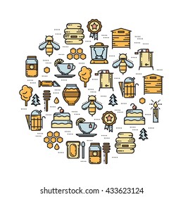 Round card with apiary thin line colored icons set, vector illustration isolated on white background. Bee, honey, hive, beekeeper, jar, smoker, extractor, cake, tea, candle, medal and forest icons