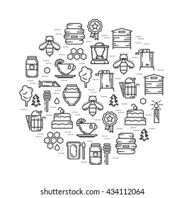 Round card with apiary thin line icons set, vector illustration isolated on white background. Bee, honey, hive, beekeeper, jar, smoker, extractor, cake, tea, candle, medal and forest icons