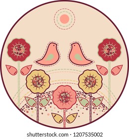 Round Card with Birds and Flowers in Embroidery Style Vector Illustration