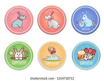 Round card with a bright Easter ornament. Easter bunny, cake, candle, colorful eggs. Post stamp. Isolated on white background. Vector illustration.