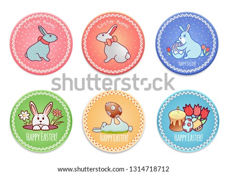 Round card with a bright Easter ornament. Easter bunny, cake, candle, colorful eggs. Post stamp. Isolated on white background. Vector illustration.