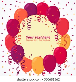 Round card with colorful balloons, confetti and paper streamers. Retro vector illustration. Place for your text. Design for poster, invitation, gift certificate 