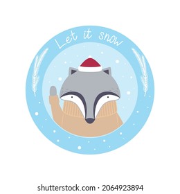 Round card with a cute badger in a hat and a sweater with the text "Let it snow". Vector illustration for cards, invitations, stickers, t-shirts, labels
