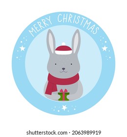 Tarjeta redonda con un lindo conejo en un sombrero y una bufanda con el texto "Feliz Navidad". Ilustración vectorial para tarjetas, invitaciones, pegatinas, camisetas, etiquetas