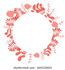 Round card decorated with red leaves and flowers in a flat style. Vector illustration for Happy Spring day, Women day, wedding invitation.