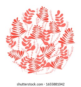 Round card decorated with red leaves and flowers in a flat style. Vector illustration for Happy Spring day, Women day, wedding invitation.