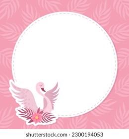 Round Card Design with Pink Swan and Floral Composition Vector Template