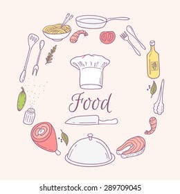 Round card with doodle food icons. Hand drawn elements for menu, cafe. Culinary background. Vector Illustration