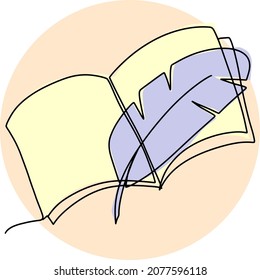 Round card emblem , open book with a pen . Vector illustration with one line