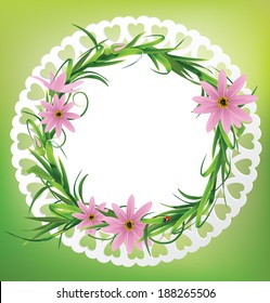 Round card with flowers, grass and  ladybug. Vector illustration 