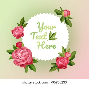 Round card or frame decorated with red  peonies with leaves