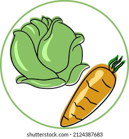 Round card with fresh vegetables, cabbage and carrots, on a white background, vector illustration