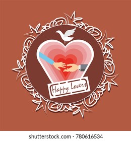 Round Card with Heart and Bird - For Happy Lovers. Vector illustration