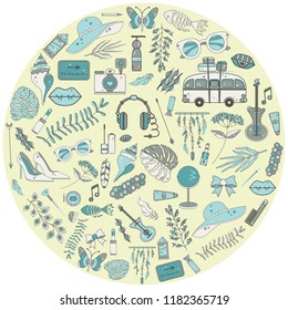 Round Card of images on the theme of summer and beach