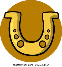 Round card on a dark yellow background, golden horseshoe for good luck, design element, Patrick's Day holiday