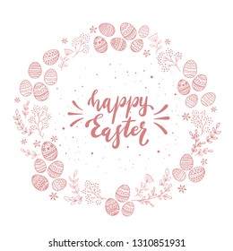 Round card with pink Easter eggs and floral elements isolated, on white background, illustration.