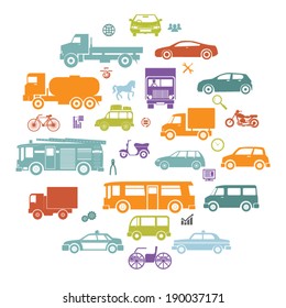 Round Card with Retro Flat Cars and Vehicles Silhouette Icons Transport Symbols Isolated Set Vector Illustration