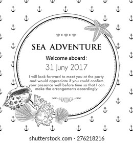 Round card in sea style with seashell, starfish and anchor pattern background. Vector illustration for design wedding, invitation, travel, card, template, print etc. Vintage style, hand drawn technic