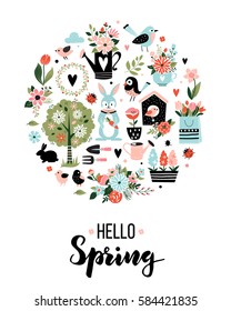 Round card with spring icons and calligraphy, perfect for web, poster, cover, invitation. Hand drawn style, vector illustration